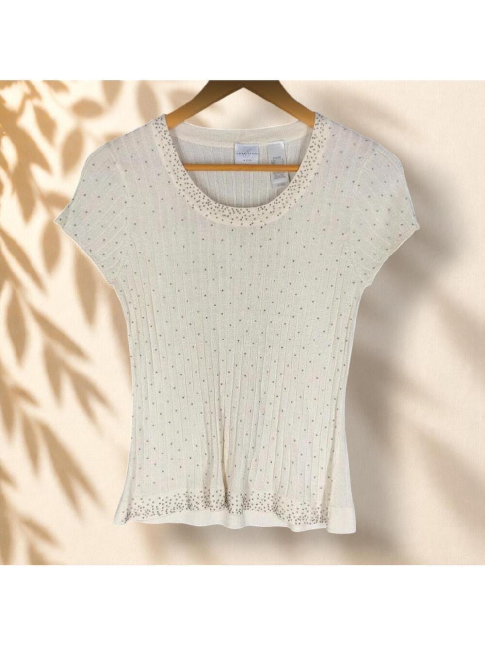 Emma James Set Of Two Tops Women PL Petite Beige Rhinestone Silk Stretch Casual